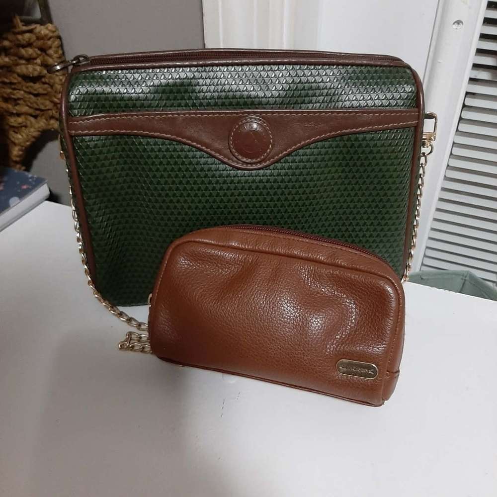 LIZ CLAIBORNE Vintage/Retired 1983/93 Hunter Green & Brown Crossbody 2 Pc Set